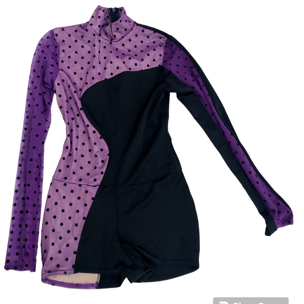 Kelle Dance leotard Purple Sheer Black Velvet Polka Dots Sz. Adult